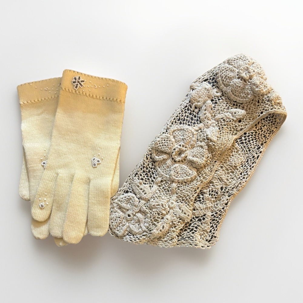 Ivory Knit Gloves Floral Bead Detail Handmade Irish Crochet Lace Collar Vtg 50s
